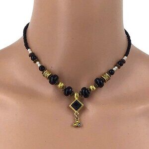 Robert Rose Necklace Black Beaded Gold Tone Accents Adjustable Length